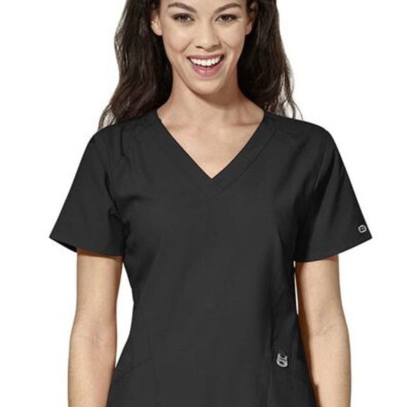 NEW Packaged W123 by WonderWink Women's Stylized V-Neck Solid Black Scrub Top - Picture 1 of 5